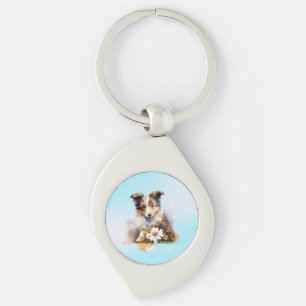 Shetland Sheepdog Puppy Pet Watercolor Flower Key Ring