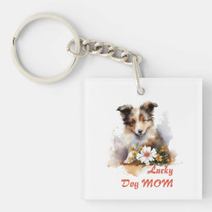 Shetland Sheepdog Puppy Pet Watercolor Flower Key Ring