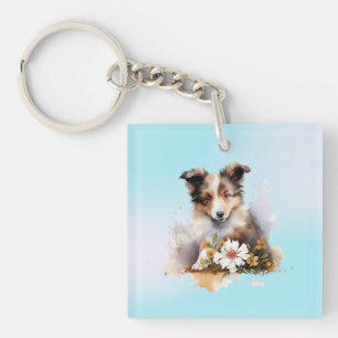 Shetland Sheepdog Puppy Pet Watercolor Flower Key Ring