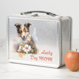 Shetland Sheepdog Puppy Pet Watercolor Flower Metal Lunch Box