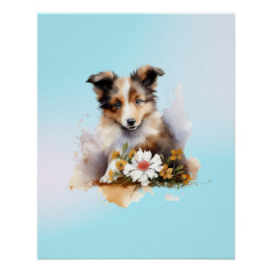 Shetland Sheepdog Puppy Pet Watercolor Flower Poster