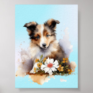 Shetland Sheepdog Puppy Pet Watercolor Flower Poster