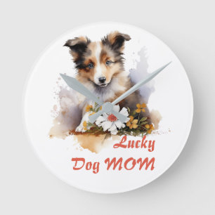 Shetland Sheepdog Puppy Pet Watercolor Flower Round Clock
