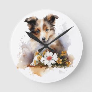 Shetland Sheepdog Puppy Pet Watercolor Flower Round Clock