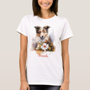 Shetland Sheepdog Puppy Pet Watercolor Flower T-Shirt