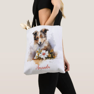 Shetland Sheepdog Puppy Pet Watercolor Flower Tote Bag