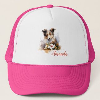 Shetland Sheepdog Puppy Pet Watercolor Flower Trucker Hat