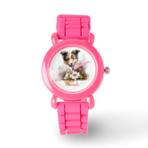 Shetland Sheepdog Puppy Pet Watercolor Flower Watch