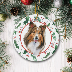 Shetland Sheepdog Red Berry Holly Border Ceramic Tree Decoration