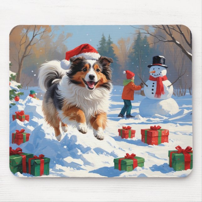 Shetland Sheepdog Running Snow With Christmas Hat Mouse Pad (Front)