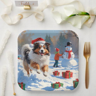 Shetland Sheepdog Running Snow With Christmas Hat Paper Plate