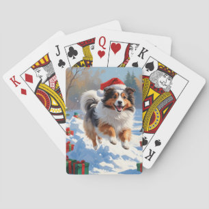 Shetland Sheepdog Running Snow With Christmas Hat Playing Cards