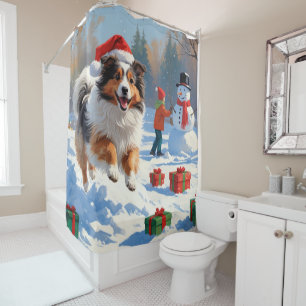 Shetland Sheepdog Running Snow With Christmas Hat Shower Curtain