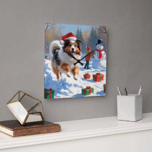 Shetland Sheepdog Running Snow With Christmas Hat Square Wall Clock