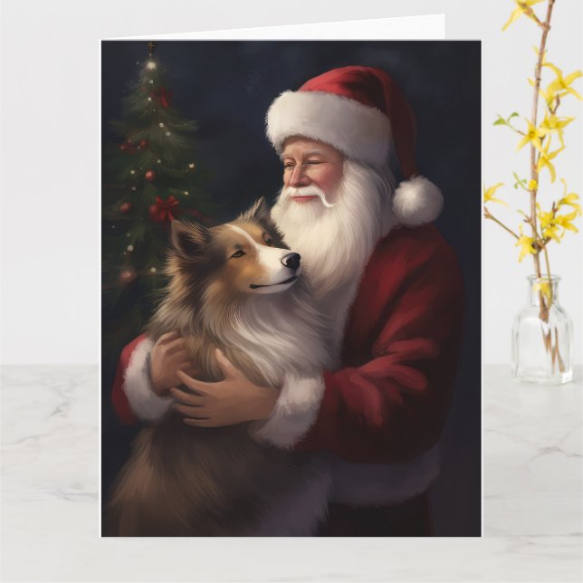 Shetland Sheepdog Santa Claus Festive Christmas Card (Yellow Flower)