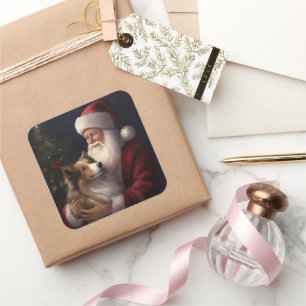 Shetland Sheepdog Santa Claus Festive Christmas Square Sticker