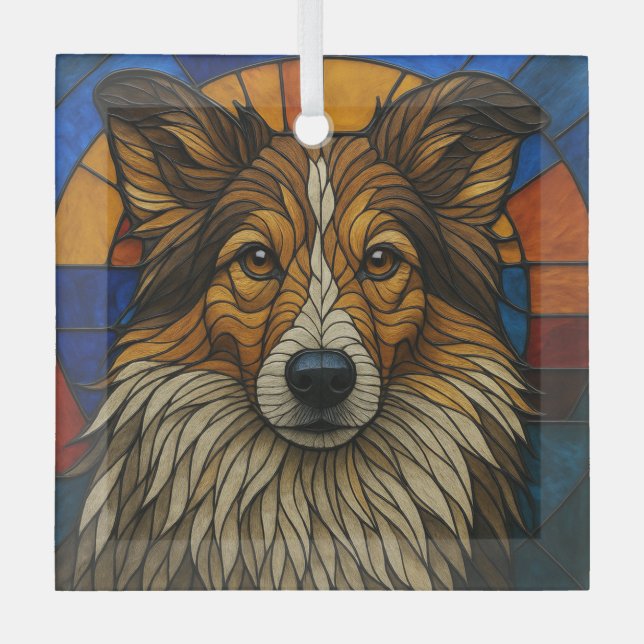 Shetland Sheepdog Sheltie Dog "Stained Glass" Glass Tree Decoration (Front)
