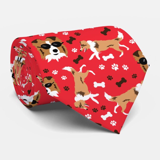 Shetland Sheepdog Sheltie Red Paw Print Tie (Rolled)