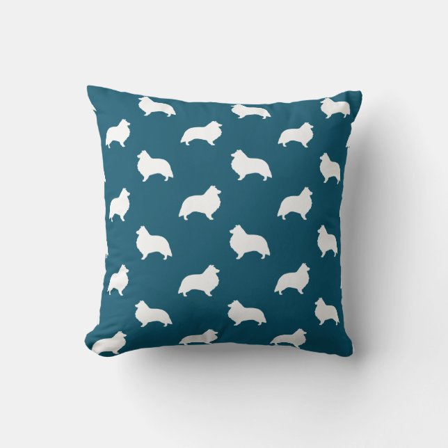 Shetland Sheepdog Sheltie Silhouettes Pattern Teal Cushion (Front)