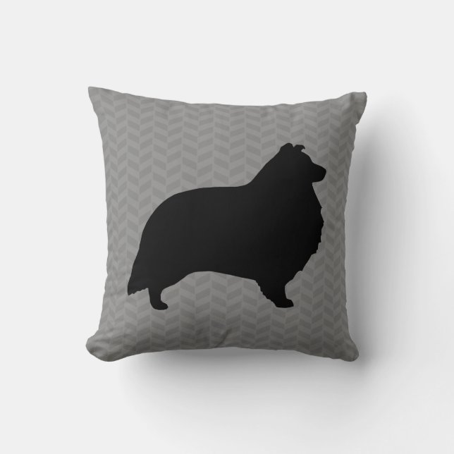 Shetland Sheepdog Silhouette Grey Herringbone Cushion (Front)