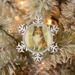 Shetland Sheepdog Sitting Watercolor Snowflake Pewter Christmas Ornament