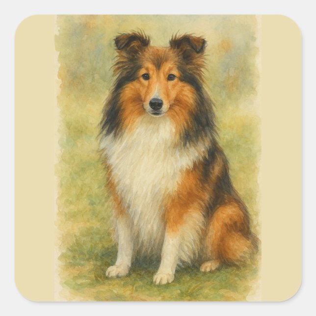 Shetland Sheepdog Sitting Watercolor Square Sticker (Front)