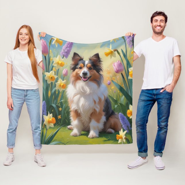 Shetland Sheepdog Spring Flowers Painting Fleece Blanket (In Situ)