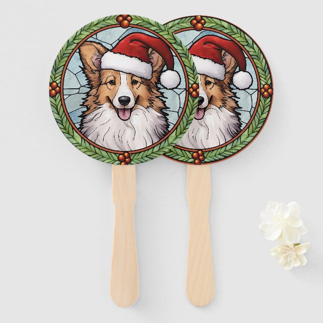 Shetland Sheepdog Stained Glass Christmas Hand Fan (Front and Back)
