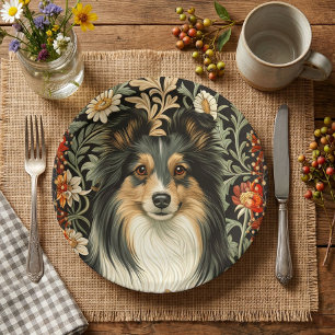 Shetland Sheepdog Tricolor Sheltie Vintage Floral Paper Plate