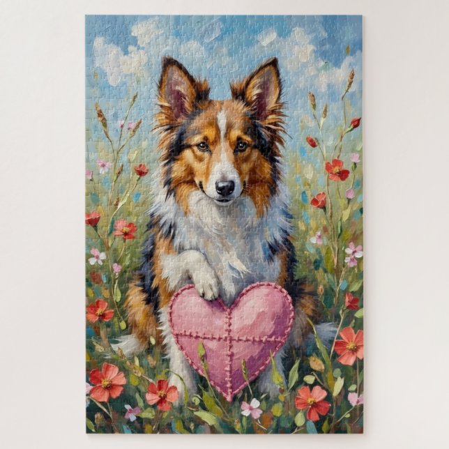 Shetland Sheepdog Valentine's Day Heart Pillow Jigsaw Puzzle (Vertical)