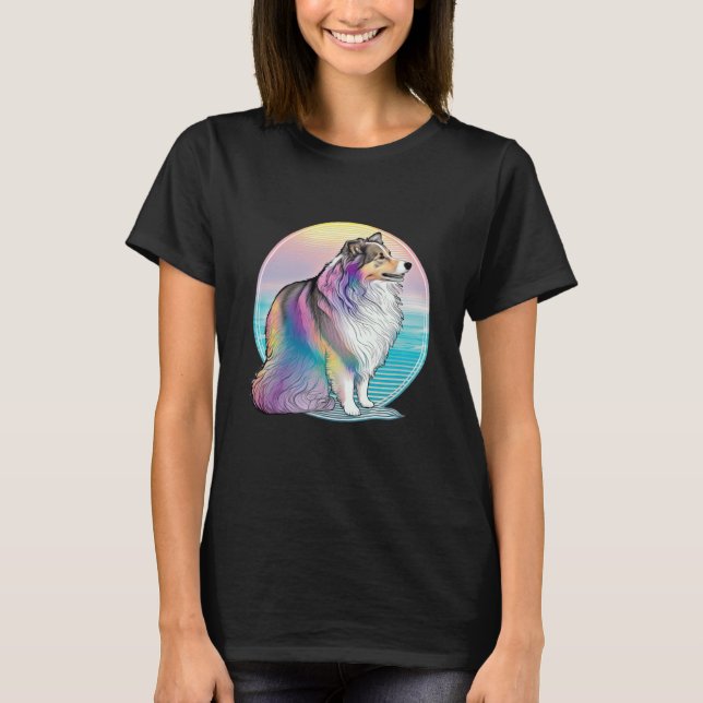 Shetland Sheepdog Vaporwave Retrowave Aesthetic T-Shirt (Front)