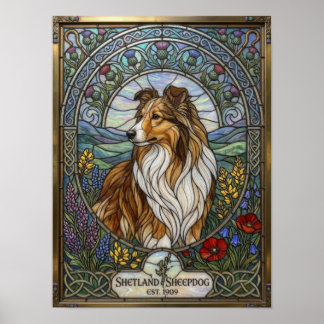 Shetland Sheepdog Vintage Stained Glass Art Poster