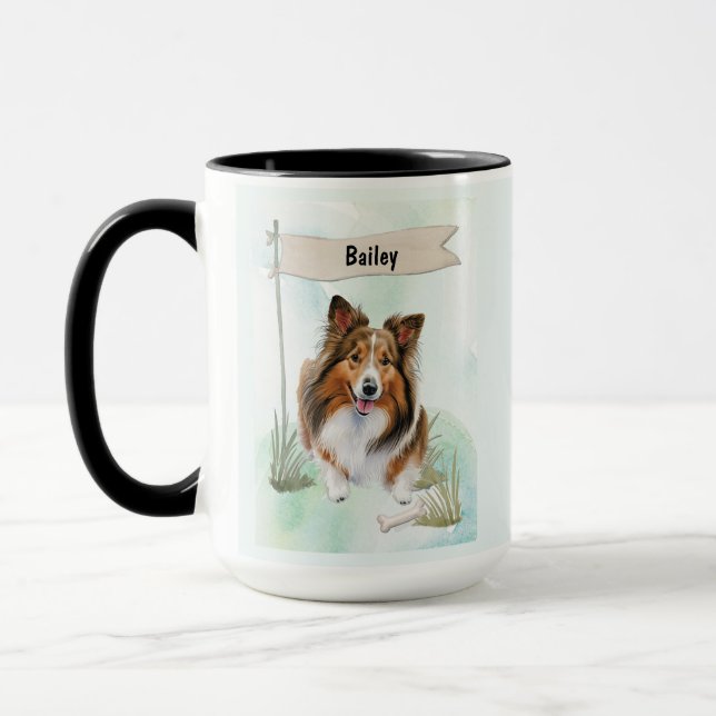 Shetland Sheepdog Watercolor Personalised Dog Mug (Left)