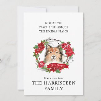 Shetland Sheepdog Watercolor Poinsettia Christmas Holiday Card