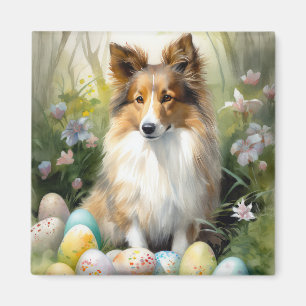 Shetland Sheepdog with Easter Eggs Holiday Magnet