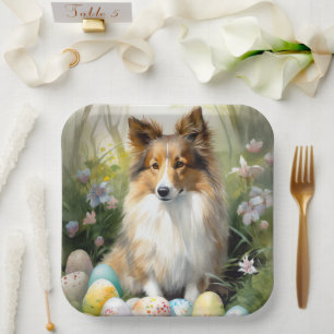 Shetland Sheepdog with Easter Eggs Holiday Paper Plate