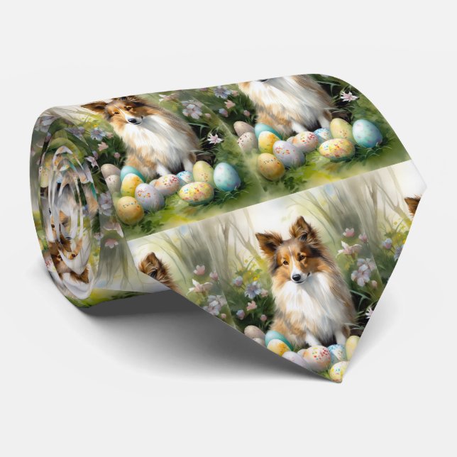Shetland Sheepdog with Easter Eggs Holiday Tie (Rolled)