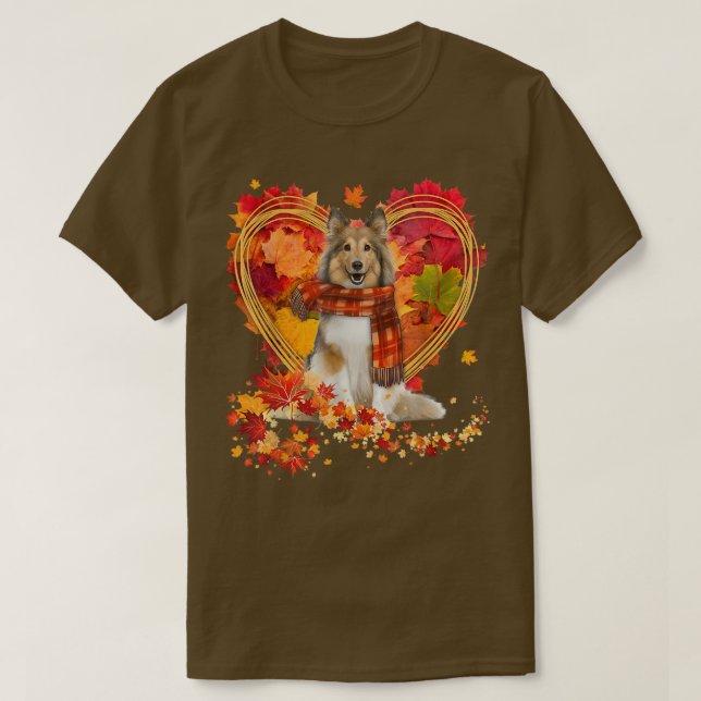 Shetland Sheepdog With Heart Made Of Autumn Leaves T-Shirt (Design Front)