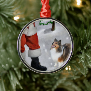 Shetland Sheepdog With Santa Christmas  Metal Tree Decoration
