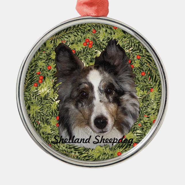Shetland Sheepdog Wreath Metal Tree Decoration (Front)