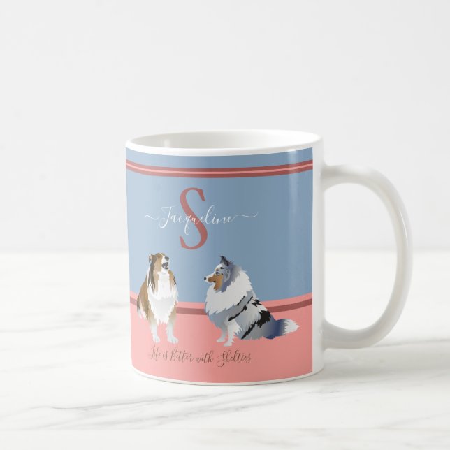 Shetland Sheepdogs, Shelties, on Blue & Pink Coffee Mug (Right)