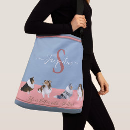 Shetland Sheepdogs, Shelties, on Blue & Pink Crossbody Bag