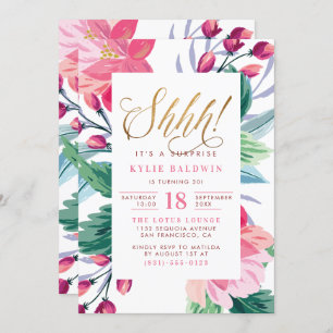 Shh! Elegant Gold Script Floral Surprise Birthday Invitation