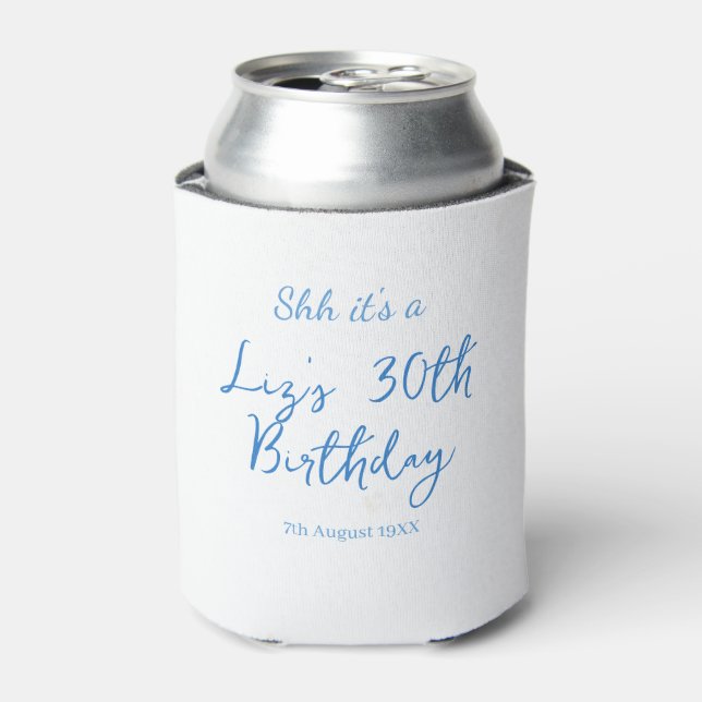 shh its a 30th birthday name date blue simple mini can cooler (Can Front)