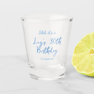 shh its a 30th birthday name date blue simple mini shot glass