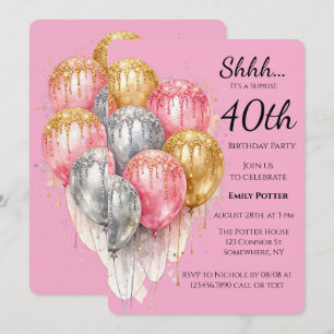 Shh Surprise Birthday Party in Pink Silver & Gold Invitation