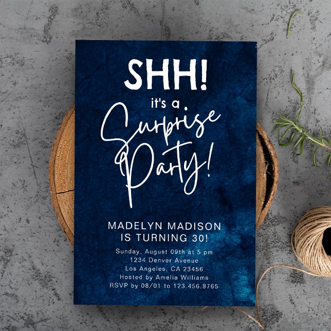 SHH! Surprise Birthday Party Navy Blue Watercolor  Invitation (SHH! Surprise Birthday Party Navy Blue Watercolor Invitation
)