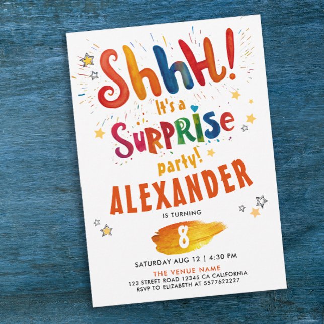 Shh Surprise Fun Colourful Birthday Watercolor Invitation (Creator Uploaded)