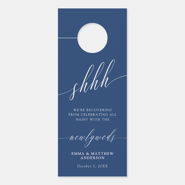 Shhh Blue White Calligraphy Do Not Disturb Wedding Door Hanger (Front)