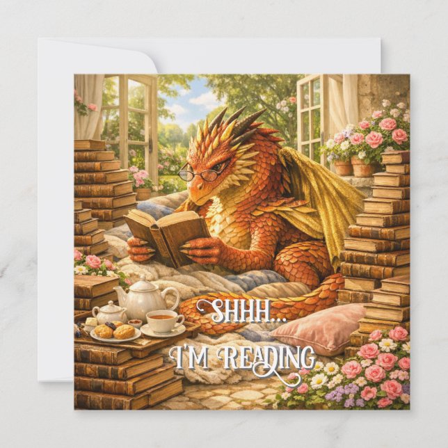 Shhh… I’m Reading Cosy Reading Dragon  Card (Front)